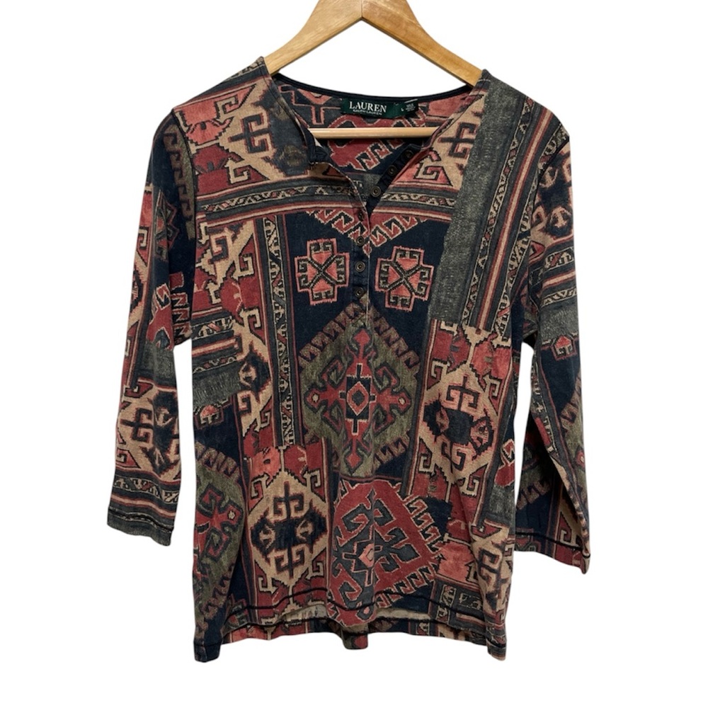LAUREN RALPH LAUREN 90s Vintage Southwestern Print Cotton 3/4 Sleeve Shirt L